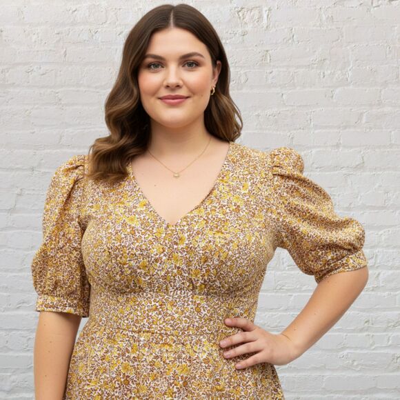 โจ J.Crew Deep V Puff Sleeve Blouse 16 ๐ Yellow Floral Peplum Cotton Blend ๐ธ - Picture 6 of 14